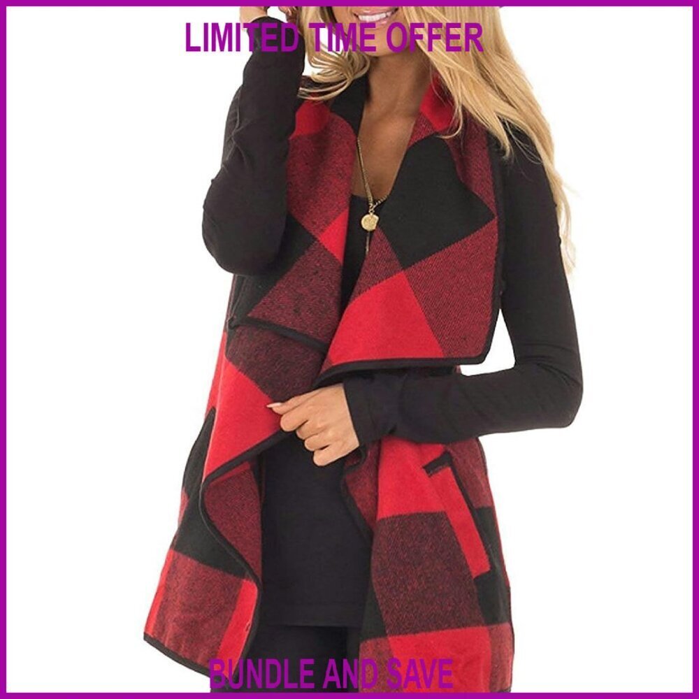 Sleeveless Plaid Vest Cardigan with Pockets, Open Front Lapel Coat